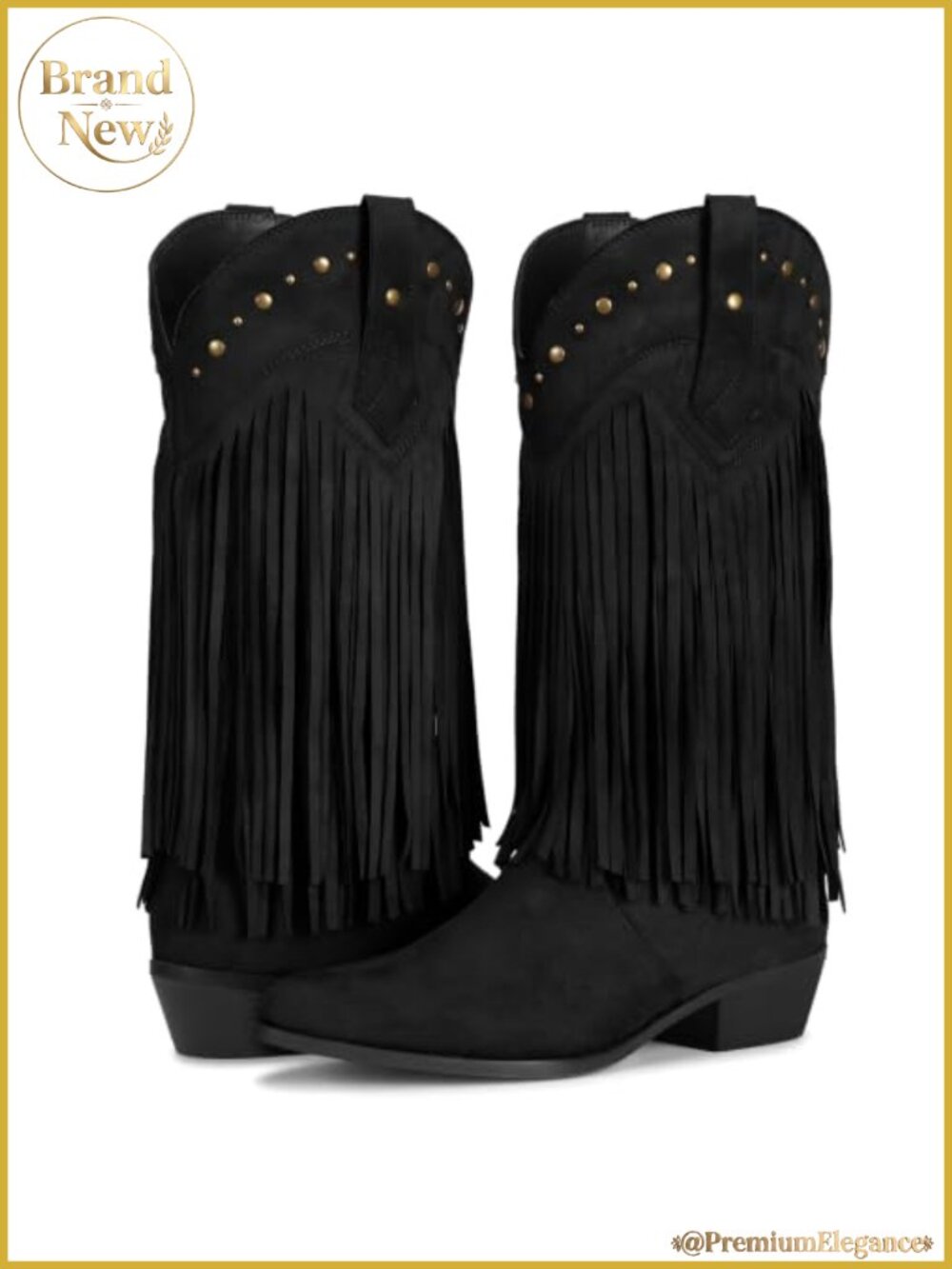 Faux Suede Fringe Cowboy Boots Mid Calf Chunky Heel Western Women